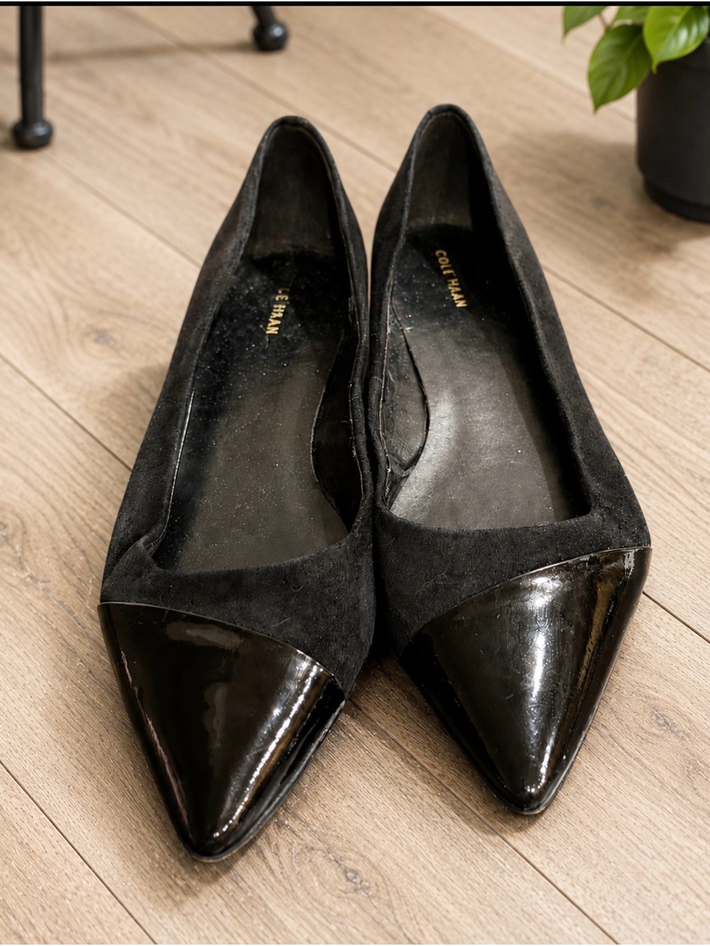 Cole Haan Black Patent Toe Suede Pointed Flats